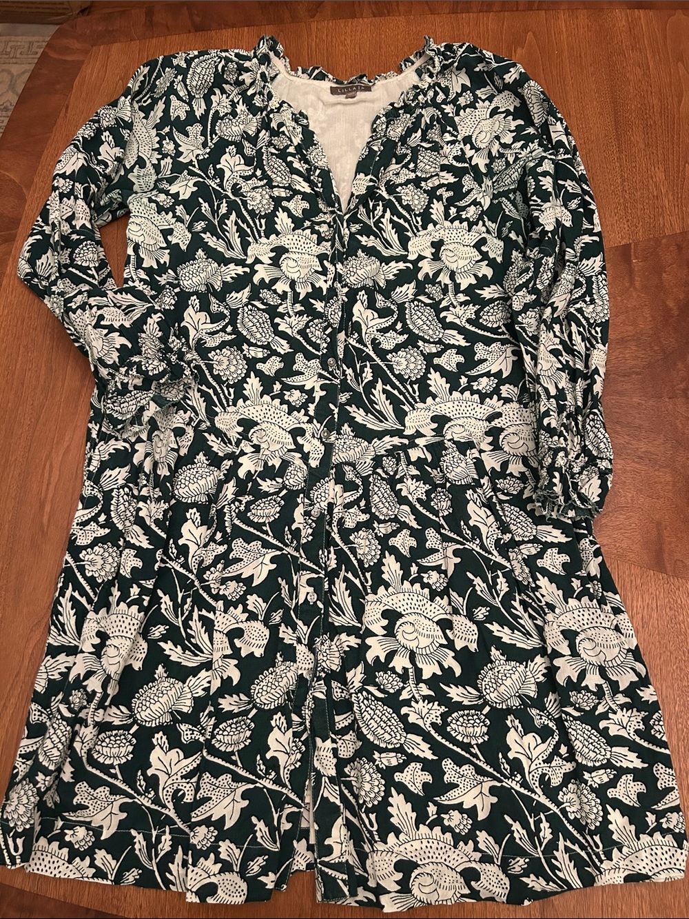 Lilla P Green and Cream Floral Ruffle Neck Blouse